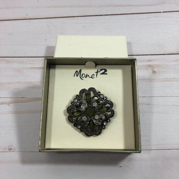 Monet2 Green Crystal and Bronze Pin Brooch - Picture 2 of 3